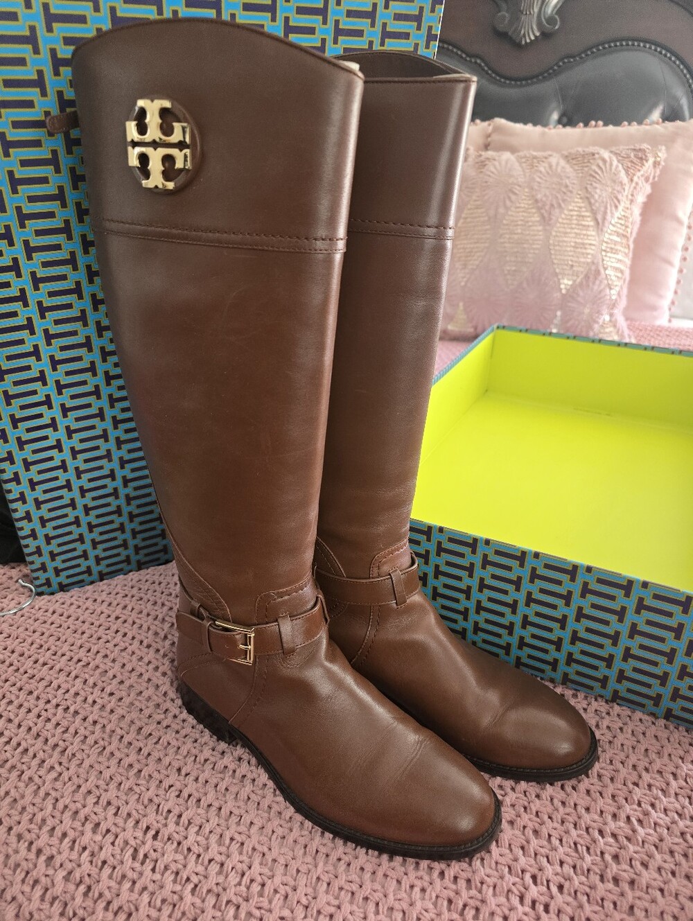 Tory Burch Brown Leather  Riding Boots with Gold Logo